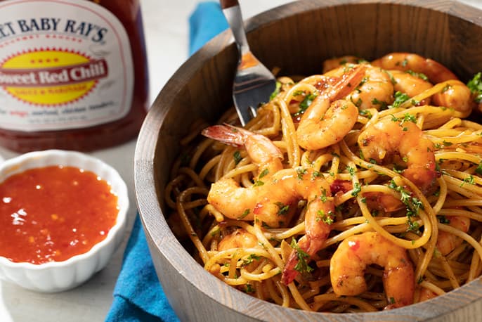Sweet Red Chili Shrimp Pasta | Sweet Baby Ray’s